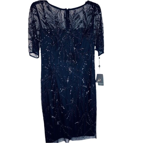 NWT ADRIANNA PAPELL Navy Blue Sequins Formal Short Dress 1/2 Length Sleeves - Picture 2 of 10